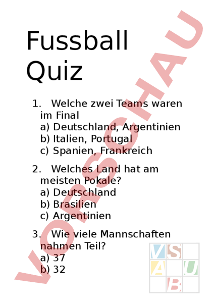 Arbeitsblatt: Fussball Quiz - Lebenskunde - Gemischte Themen