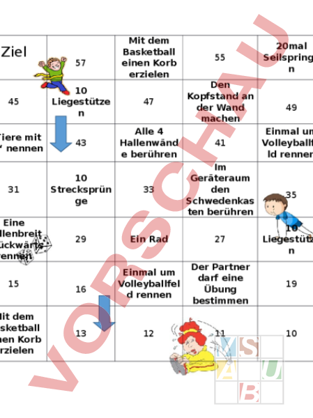 Arbeitsblatt: Leiterlispiel Einwärmen - Bewegung / Sport - Spiel