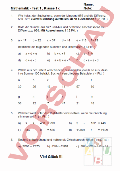 Arbeitsblatt: Test - Mathematik - Addition