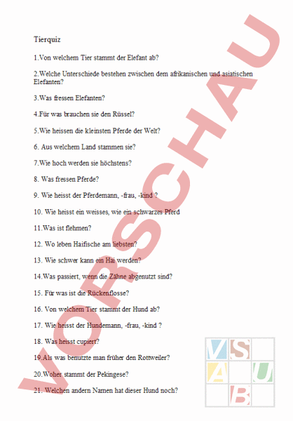 Arbeitsblatt: Tierquiz - Biologie - Tiere