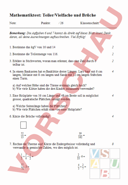 Arbeitsblatt Test 6 Klasse Teiler Vielfache Und Br che Mathematik 