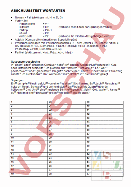 Arbeitsblatt: Test Wortarten - Deutsch - Grammatik