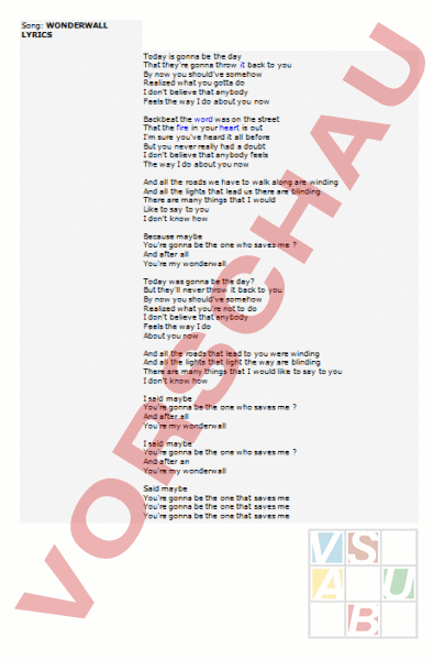 Wonderwall Text Arbeitsblatt: Wonderwall von Oasis - Musik - Singen / Lieder
