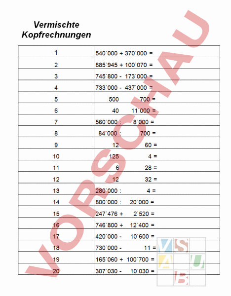 Arbeitsblatt: Kopfrechnen - Mathematik - Gemischte Themen