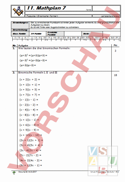 Arbeitsblatt Binomische Formeln Test Mathematik Algebra