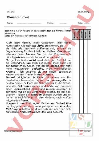 Arbeitsblatt: Test Wortarten - Deutsch - Grammatik