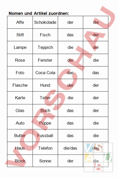 Arbeitsblatt: Nomen und Artikel - Deutsch - Grammatik