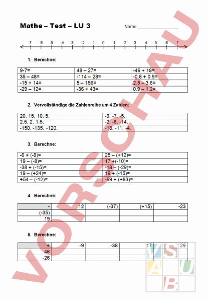 Arbeitsblatt: Mathe ? Test ? LU 3 - Mathematik - Algebra