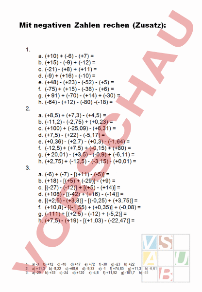 Arbeitsblatt: negative zahlen - Mathematik - Algebra