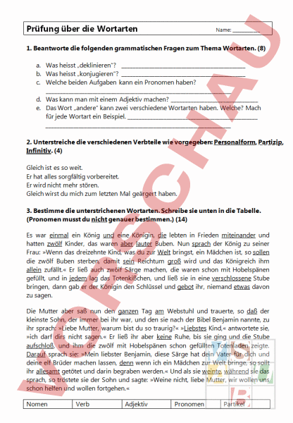 Arbeitsblatt: Wortarten Test - Deutsch - Grammatik