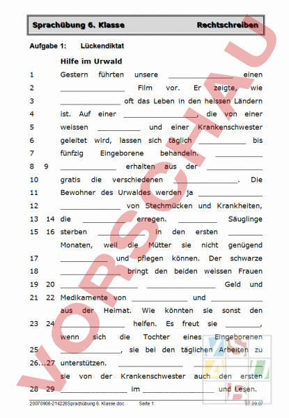 Arbeitsblatt: Sprachübung 6. Klasse - Deutsch - Rechtschreibung