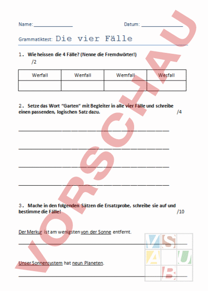 Arbeitsblatt: Test vier Fälle - Deutsch - Grammatik