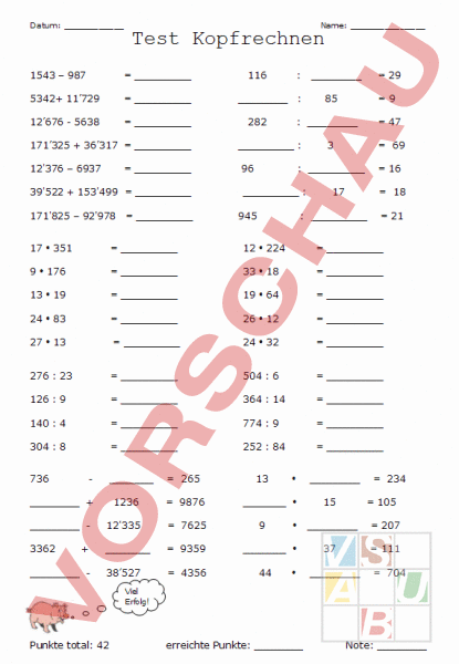 Arbeitsblatt: Test Kopfrechnen - Mathematik - Repetition