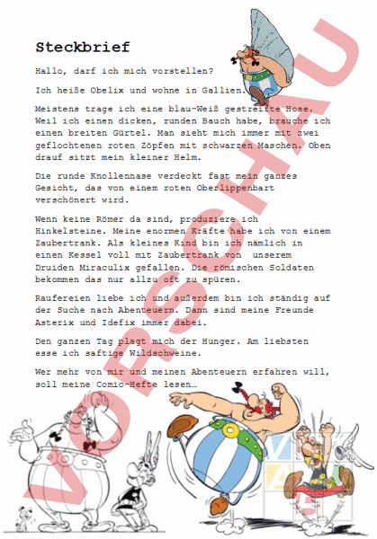 Arbeitsblatt Steckbrief Obelix Deutsch Texte Schreiben