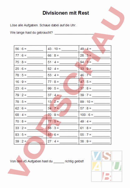 Arbeitsblatt: Divisionen mit Rest - Mathematik - Division
