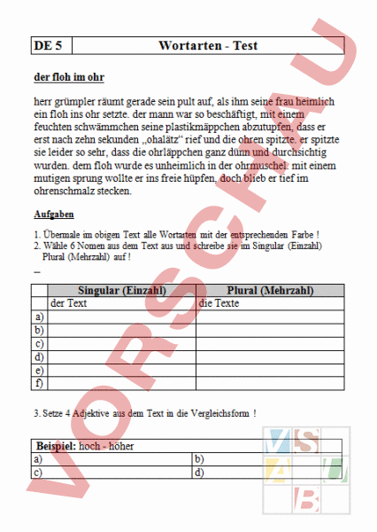 Arbeitsblatt: Wortartentest - Deutsch - Grammatik