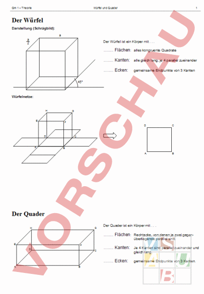Arbeitsblatt: Würfel und Quader - Geometrie - Körper / Figuren