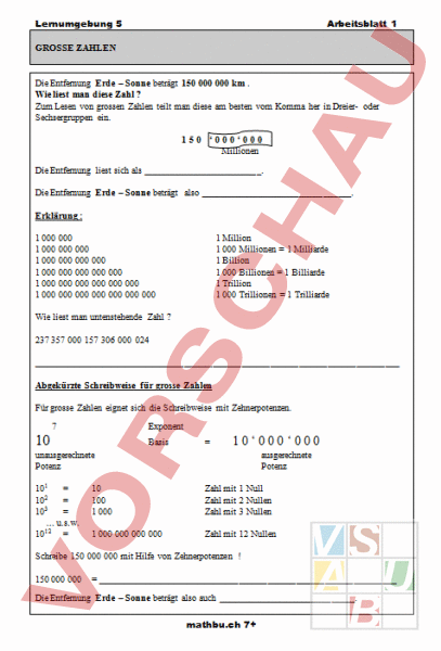Arbeitsblatt: Grosse Zahlen - Mathematik - Zahlenbereiche