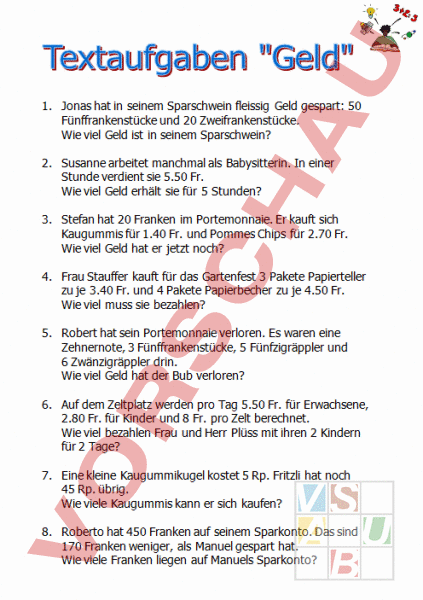 Arbeitsblatt: Textaufgaben Geld - Mathematik - Sachrechnen / Grössen