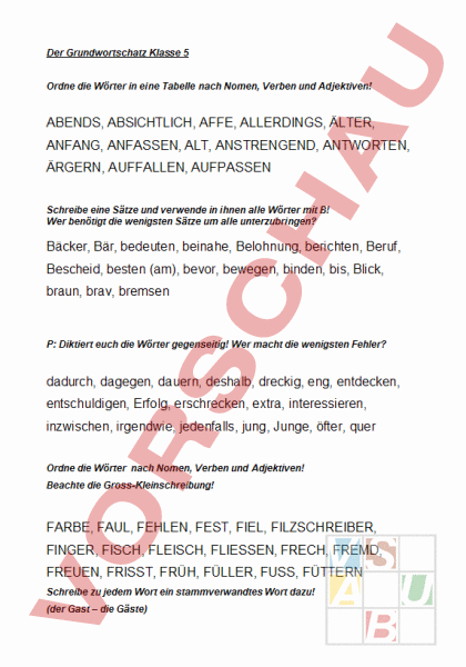 Arbeitsblatt: Grundwortschatz KLasse 5 - Deutsch - Wortschatz
