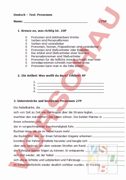 Arbeitsblatt: Pronomen Test - Deutsch - Grammatik
