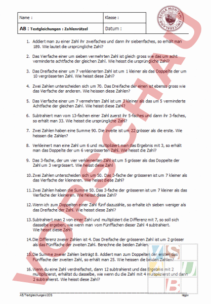 Arbeitsblatt: Textgleichungen:Zahlenrätzel - Mathematik - Gleichungen ...