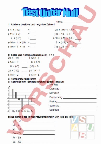Arbeitsblatt: Test negative Zahlen - Mathematik - Zahlenbereiche