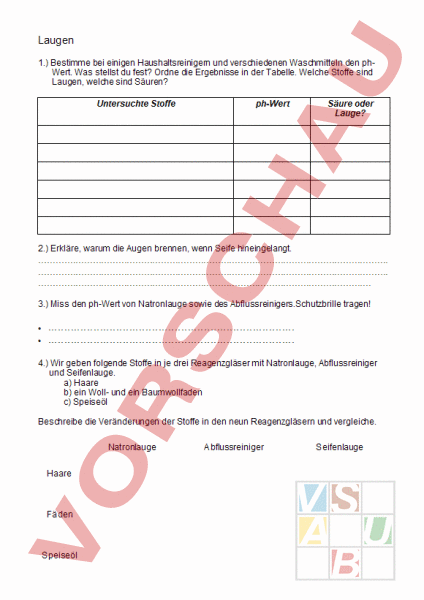 Arbeitsblatt: Arbeitsaufträge zu Laugen - Chemie - Säuren / Basen