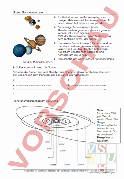 Arbeitsblatt: Sonnensystem, Unser - Geographie - Anderes Thema