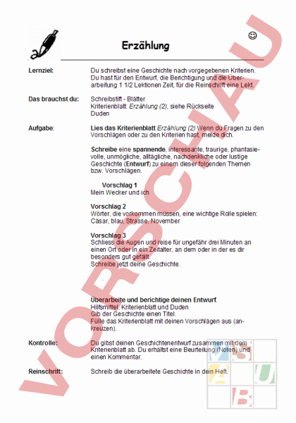 Arbeitsblatt: Erzählung - Deutsch - Texte schreiben