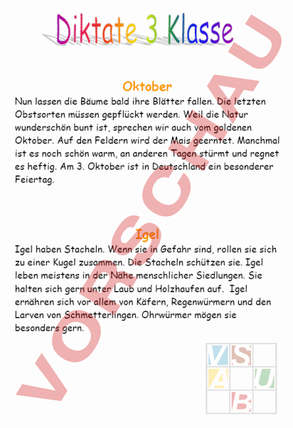Arbeitsblatt: Diktat 3 Klasse - Deutsch - Rechtschreibung