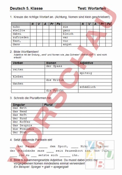 Arbeitsblatt: Test Wortarten - Deutsch - Grammatik