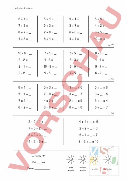 Arbeitsblatt: Test: plus & minus - Mathematik - Gemischte Themen