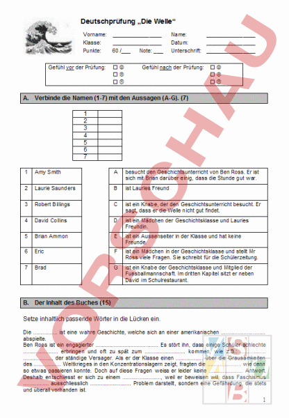 Arbeitsblatt Prufung Die Welle Deutsch Leseforderung Literatur