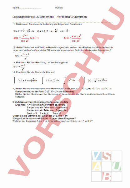 Arbeitsblatt: Test von Grundwissen - Mathematik - Gemischte Themen