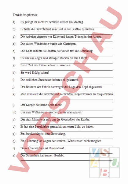 Arbeitsblatt: Uebersetzung - Sätze E29 BC - Französisch - Wortschatz