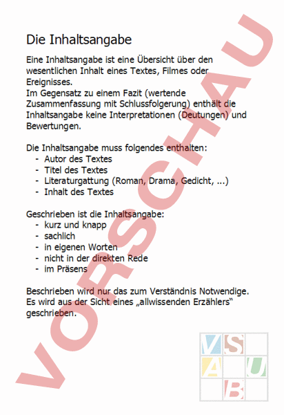 Arbeitsblatt: Inhaltsangabe (Theorie) - Deutsch - Texte schreiben
