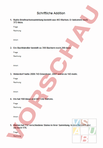 Arbeitsblatt: textaufgaben schriftl. Addition - Mathematik - Addition