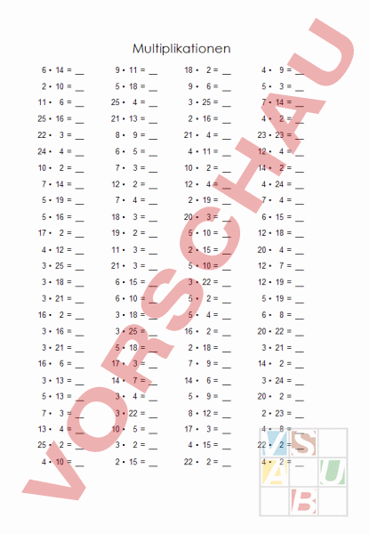 Arbeitsblatt: Kopfrechnen - Mathematik - Multiplikation