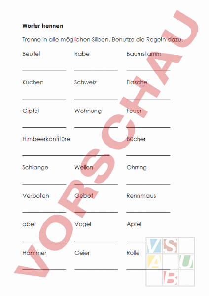 Arbeitsblatt: Wörter trennen - Deutsch - Rechtschreibung