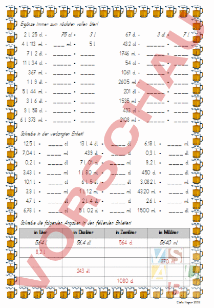 Arbeitsblatt Hohlmasse 3 L Dl Cl Ml Mathematik Sachrechnen Grossen