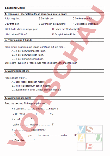 Arbeitsblatt: Speaking Unit 8 - Englisch - Anderes Thema