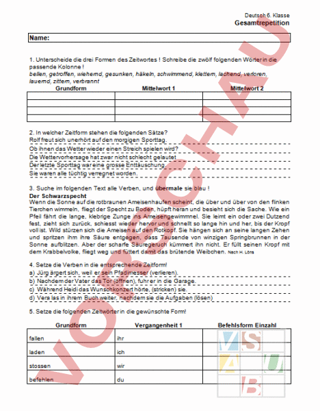 Arbeitsblatt: Grammatki Gesamtrepetition 6. Klasse - Deutsch - Grammatik