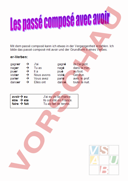 Arbeitsblatt: Unité 2 - Le passé composé avec avoir - Französisch ...