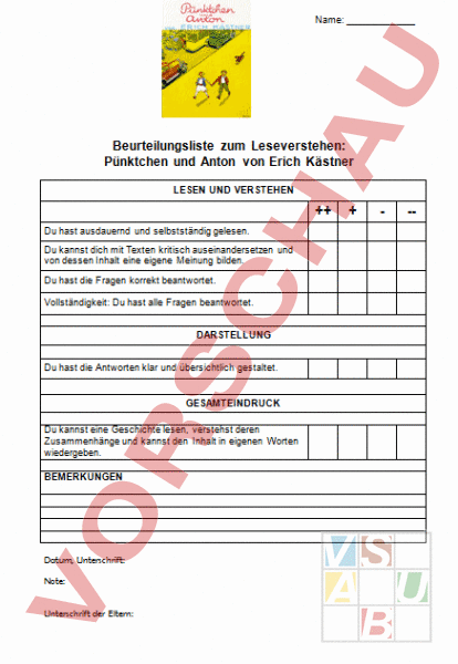 Arbeitsblatt: Bewertung zum Lesen von Pünktchen und Anton - Deutsch ...