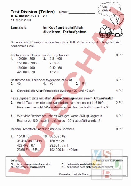 Arbeitsblatt: Test Division 6. Klasse - Mathematik - Division