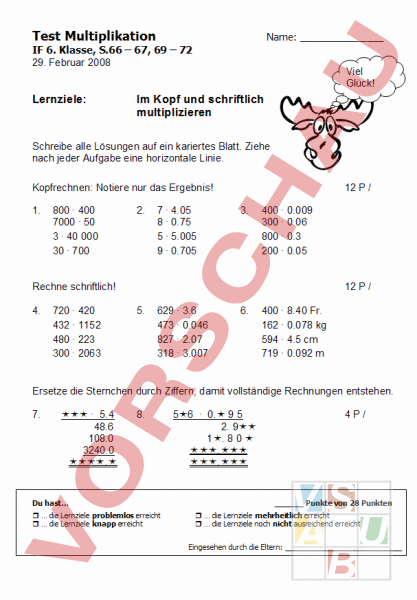 Arbeitsblatt: Test Multiplikation 6. Klasse - Mathematik - Multiplikation
