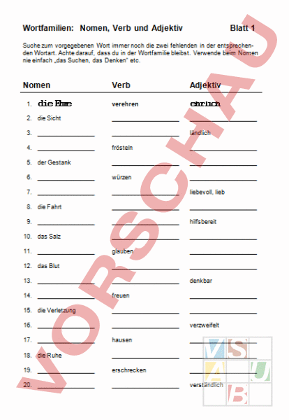 Arbeitsblatt: Wortfamilien: Nomen-Verb-Adjektiv - Deutsch - Grammatik