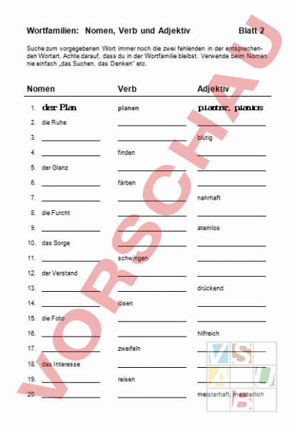 Arbeitsblatt: Wortarten: Nomen-Adjektiv-Verb Arbeitsblatt2 - Deutsch