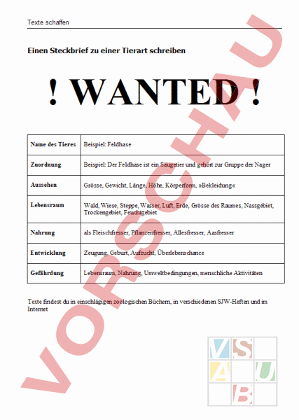 Arbeitsblatt: Steckbrief zu einem Tier - Deutsch - Texte schreiben